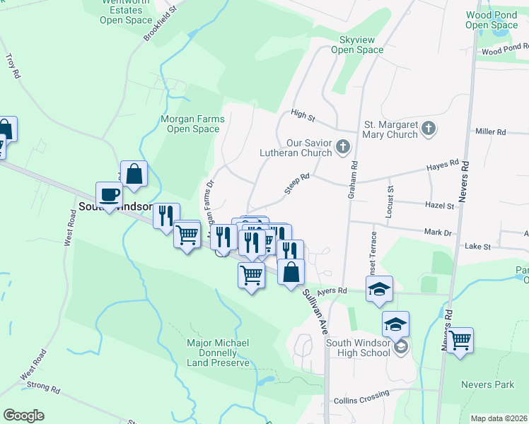 map of restaurants, bars, coffee shops, grocery stores, and more near 14 Steep Road in South Windsor