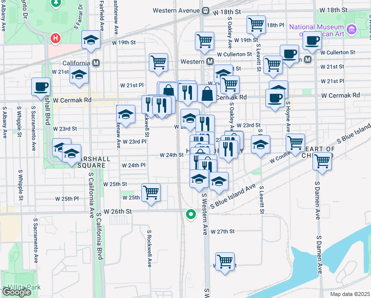 map of restaurants, bars, coffee shops, grocery stores, and more near 2448 West 24th Street in Chicago