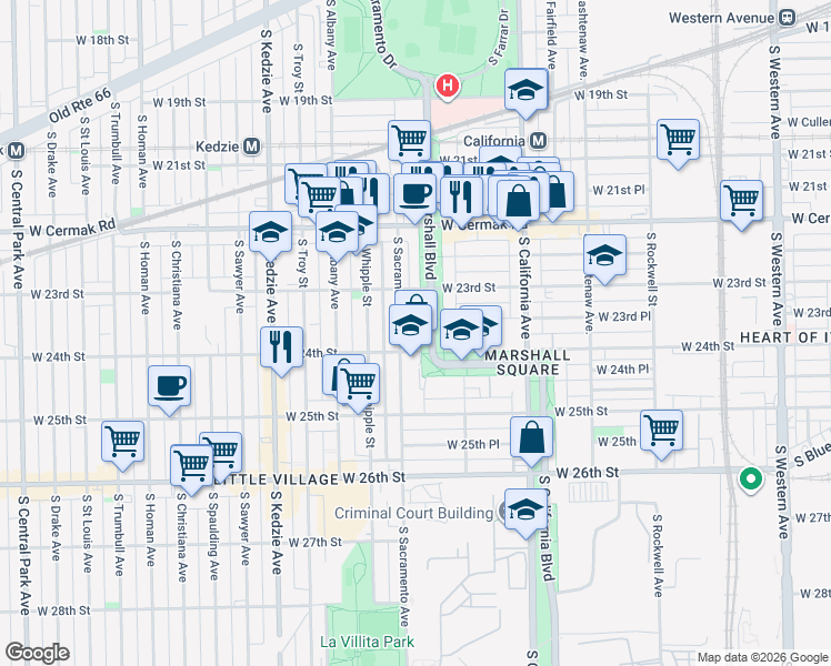 map of restaurants, bars, coffee shops, grocery stores, and more near 2921 West 24th Boulevard in Chicago