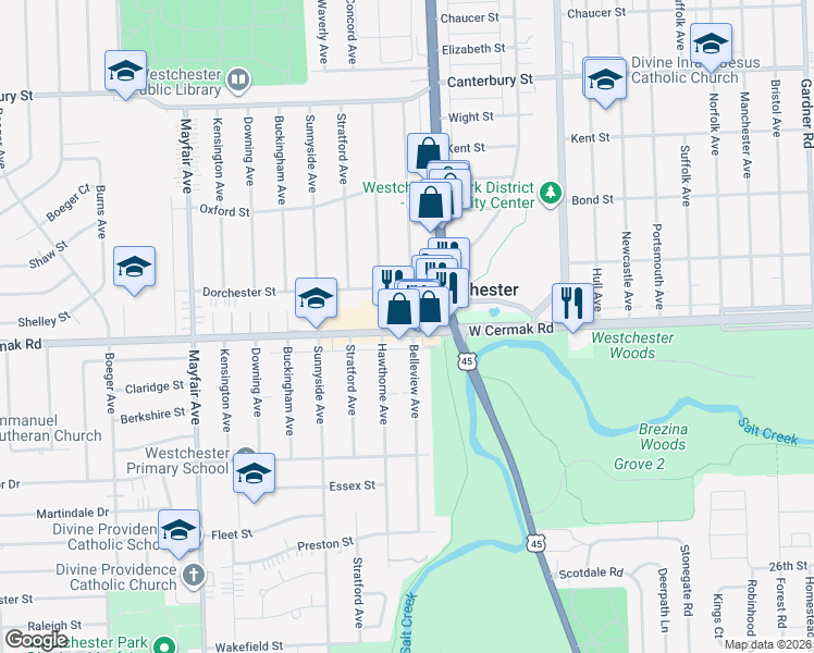 map of restaurants, bars, coffee shops, grocery stores, and more near 10448 West Cermak Road in Westchester