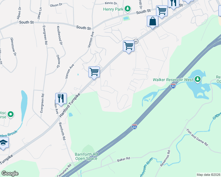 map of restaurants, bars, coffee shops, grocery stores, and more near 18 Middle Terrace in Vernon