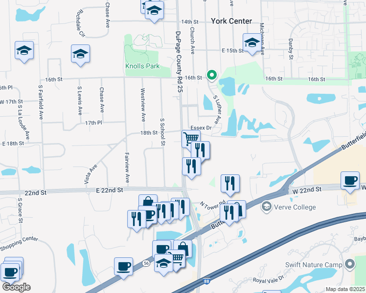 map of restaurants, bars, coffee shops, grocery stores, and more near 1815 Meyers Road in Oakbrook Terrace