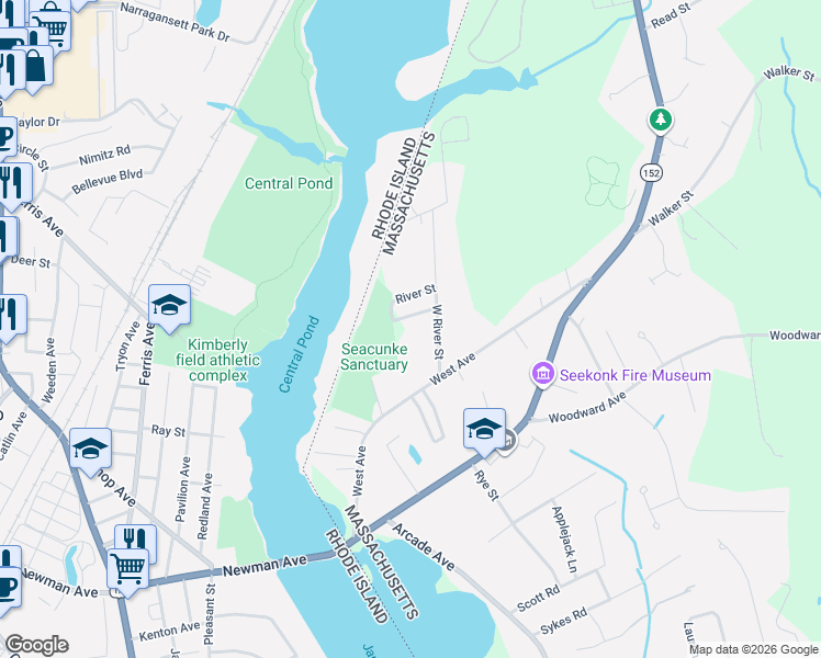 map of restaurants, bars, coffee shops, grocery stores, and more near 22 Reservoir Street in Seekonk