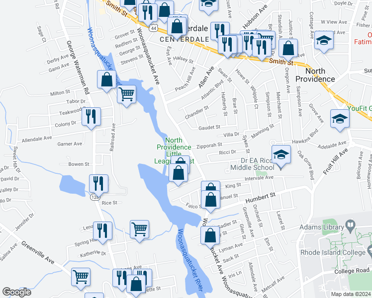 map of restaurants, bars, coffee shops, grocery stores, and more near 428 Woonasquatucket Avenue in North Providence
