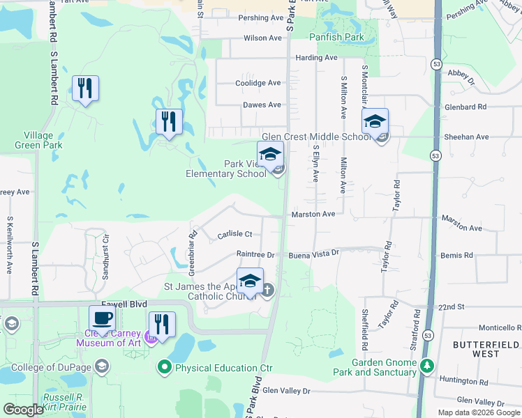 map of restaurants, bars, coffee shops, grocery stores, and more near 588 Williamsburg Road in Glen Ellyn