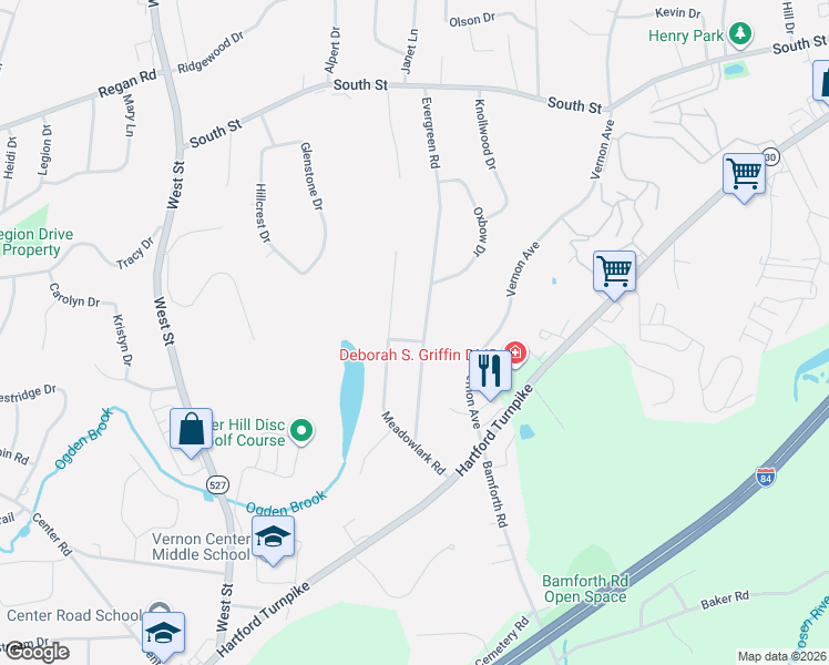 map of restaurants, bars, coffee shops, grocery stores, and more near 82 Meadowlark Road in Vernon