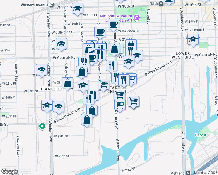 map of restaurants, bars, coffee shops, grocery stores, and more near 2031 West Coulter Street in Chicago