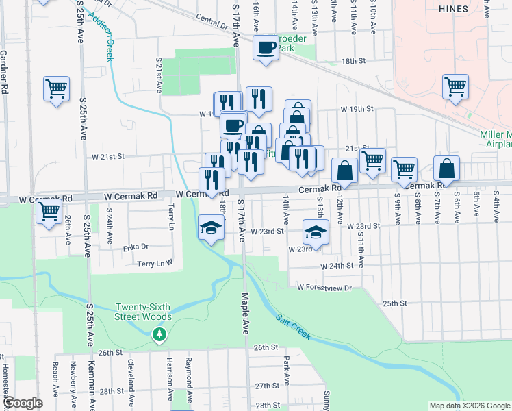 map of restaurants, bars, coffee shops, grocery stores, and more near 2229 South 17th Avenue in North Riverside