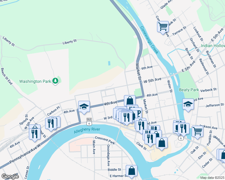 map of restaurants, bars, coffee shops, grocery stores, and more near 421 Hickory Street in Warren