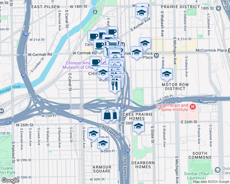 map of restaurants, bars, coffee shops, grocery stores, and more near 2421 South Wentworth Avenue in Chicago