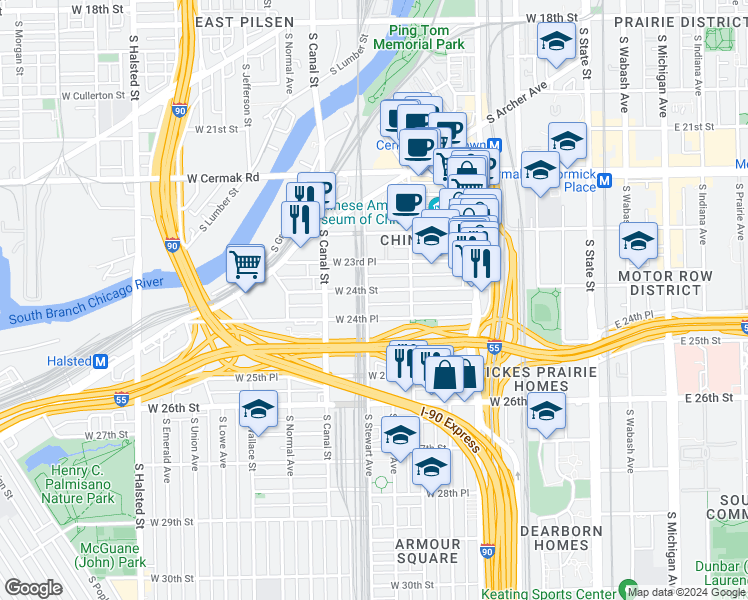 map of restaurants, bars, coffee shops, grocery stores, and more near 330 West 24th Place in Chicago