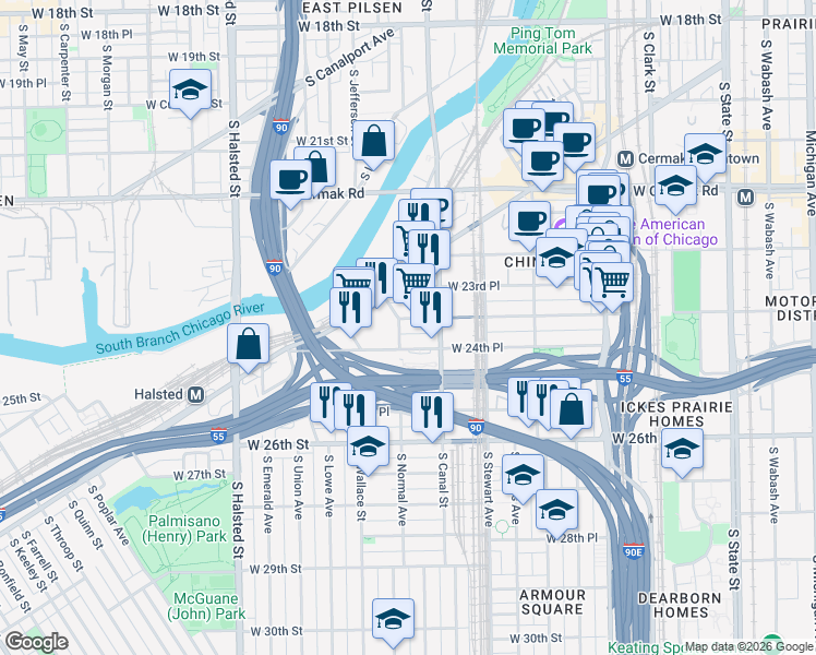 map of restaurants, bars, coffee shops, grocery stores, and more near in Chicago