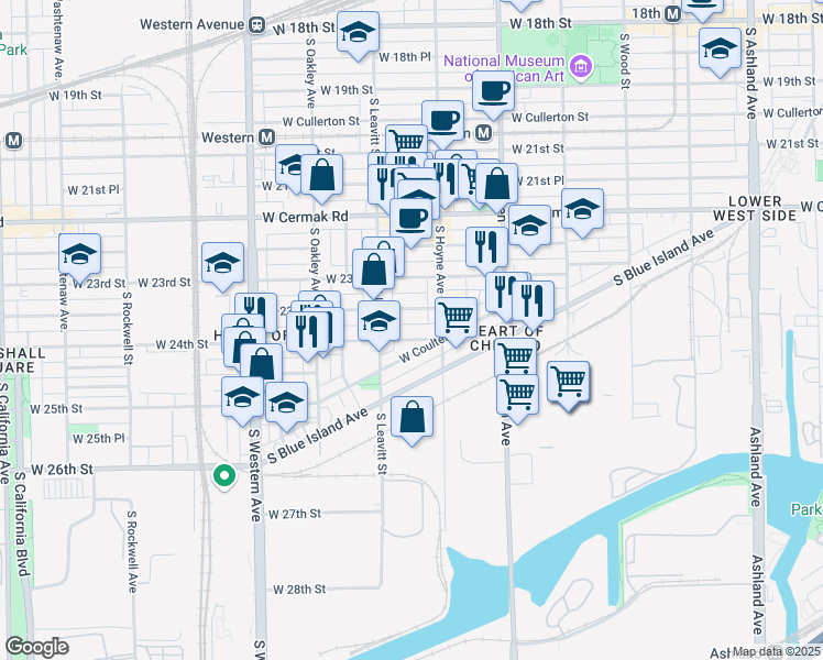 map of restaurants, bars, coffee shops, grocery stores, and more near 2133 West 24th Street in Chicago