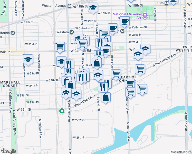 map of restaurants, bars, coffee shops, grocery stores, and more near 2358 South Leavitt Street in Chicago