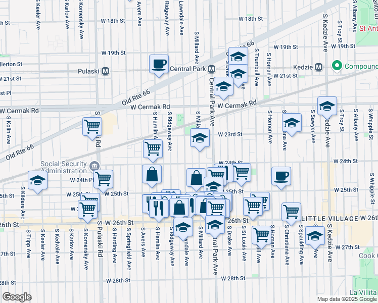 map of restaurants, bars, coffee shops, grocery stores, and more near 2345 South Lawndale Avenue in Chicago