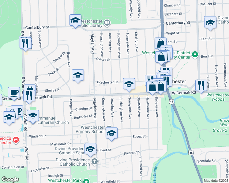map of restaurants, bars, coffee shops, grocery stores, and more near 10710 West Cermak Road in Westchester