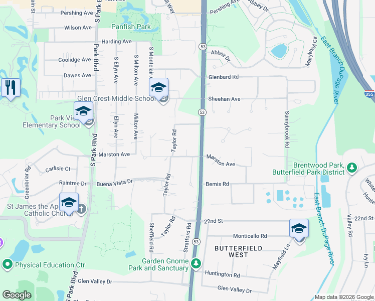 map of restaurants, bars, coffee shops, grocery stores, and more near 770 Marston Avenue in Glen Ellyn