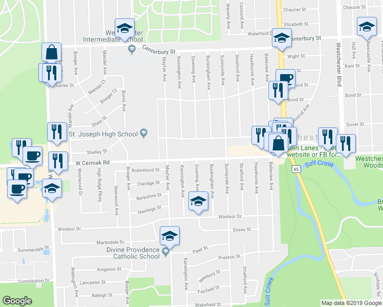 map of restaurants, bars, coffee shops, grocery stores, and more near 10710 West Cermak Road in Westchester