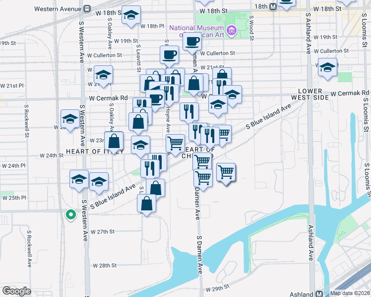 map of restaurants, bars, coffee shops, grocery stores, and more near 2416 South Blue Island Avenue in Chicago