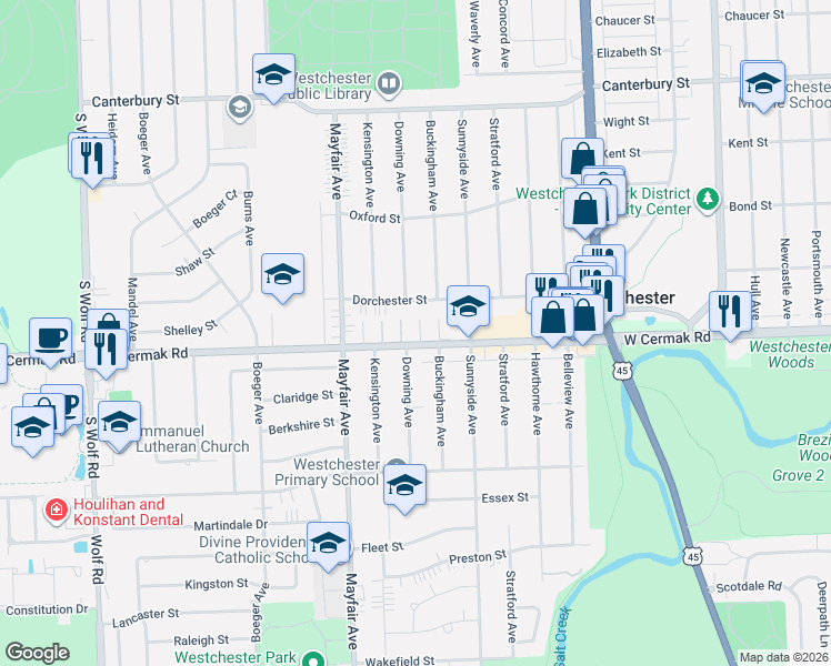 map of restaurants, bars, coffee shops, grocery stores, and more near 10710 West Cermak Road in Westchester