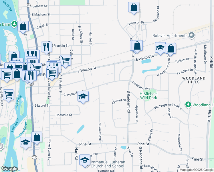map of restaurants, bars, coffee shops, grocery stores, and more near 740 Cleveland Avenue in Batavia