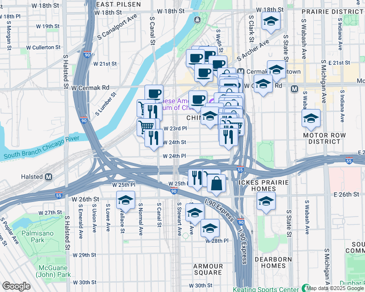 map of restaurants, bars, coffee shops, grocery stores, and more near 330 West 24th Place in Chicago