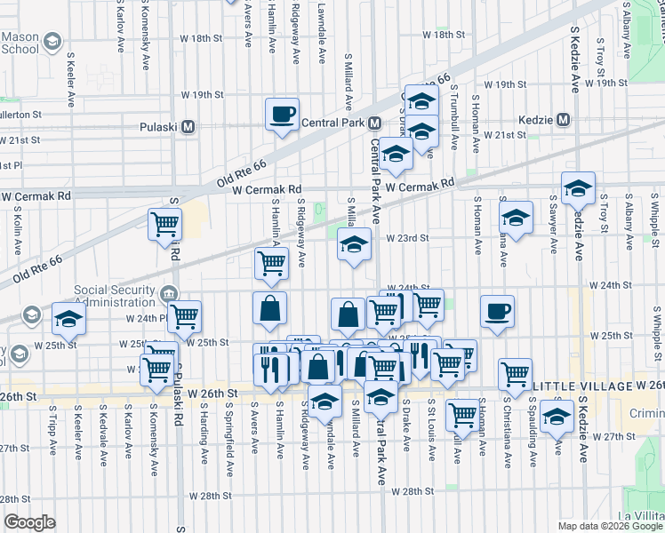 map of restaurants, bars, coffee shops, grocery stores, and more near 2345 South Lawndale Avenue in Chicago