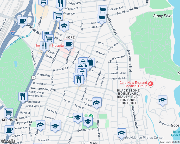 map of restaurants, bars, coffee shops, grocery stores, and more near 92 Lauriston Street in Providence