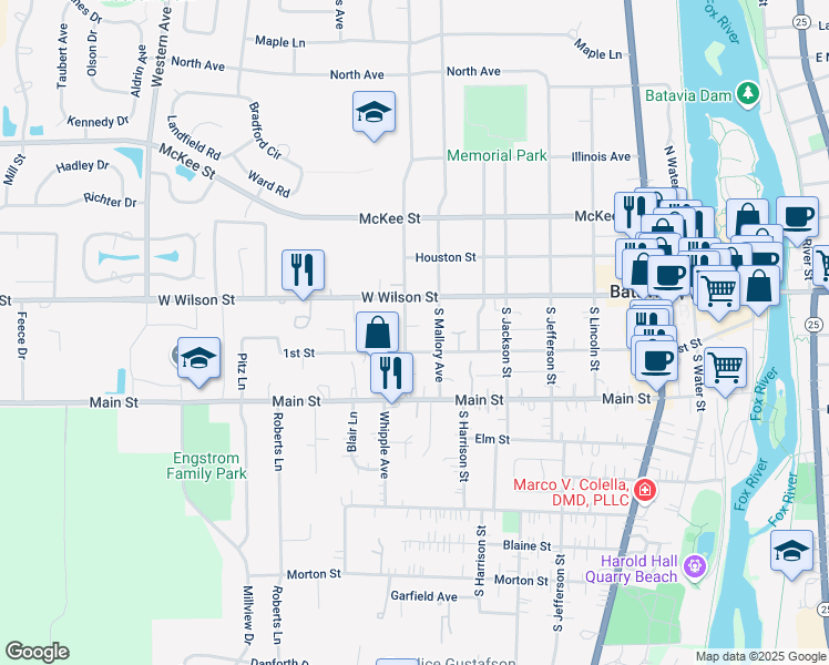 map of restaurants, bars, coffee shops, grocery stores, and more near 42 South Van Nortwick Avenue in Batavia