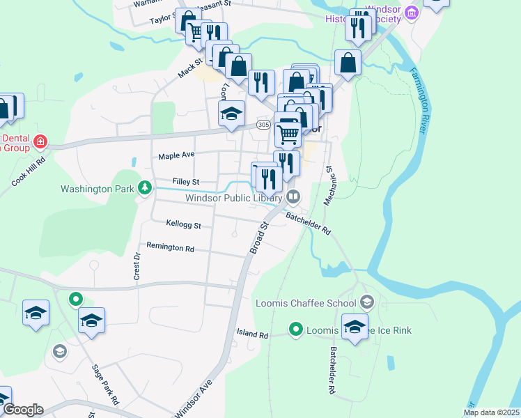 map of restaurants, bars, coffee shops, grocery stores, and more near 354 Broad Street in Windsor