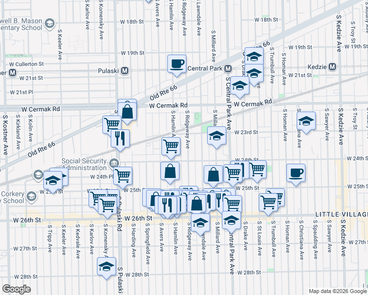 map of restaurants, bars, coffee shops, grocery stores, and more near 2346 South Ridgeway Avenue in Chicago