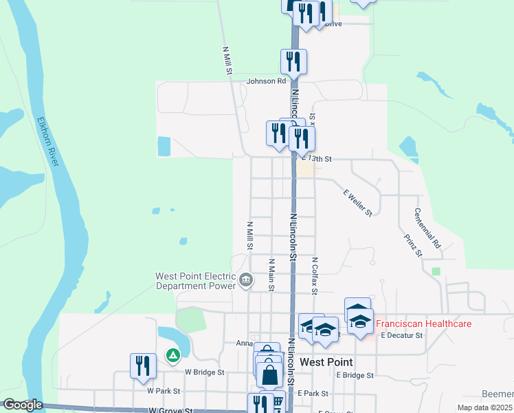 map of restaurants, bars, coffee shops, grocery stores, and more near 1005 North Main Street in West Point