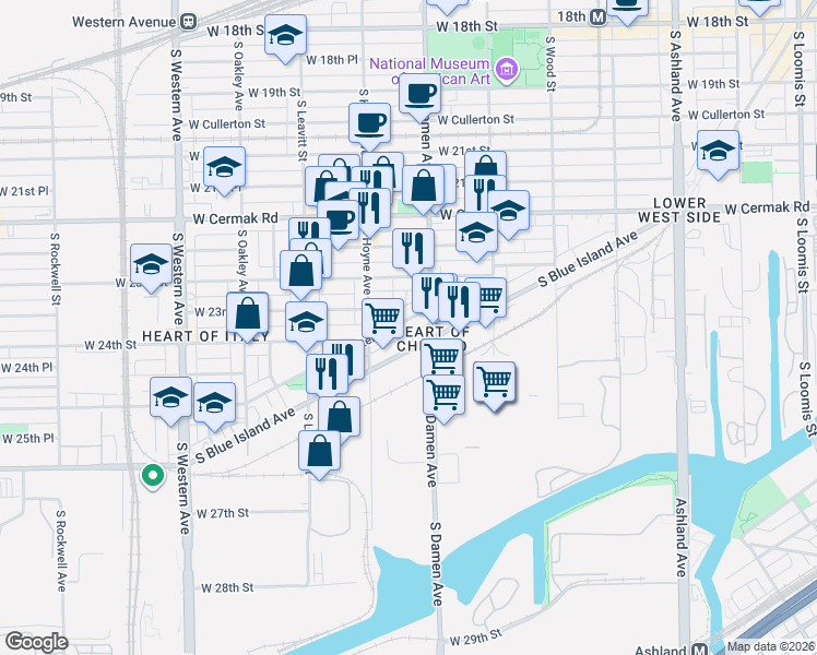 map of restaurants, bars, coffee shops, grocery stores, and more near 2416 South Blue Island Avenue in Chicago