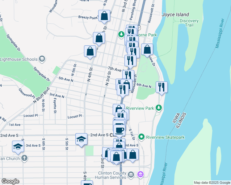 map of restaurants, bars, coffee shops, grocery stores, and more near 238 4th Avenue North in Clinton