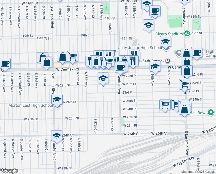 map of restaurants, bars, coffee shops, grocery stores, and more near 5624 23rd Place in Cicero