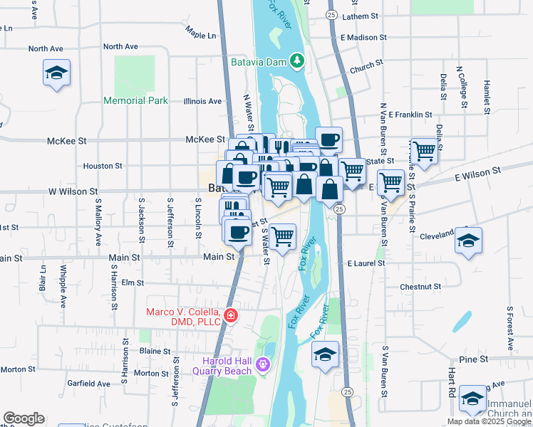 map of restaurants, bars, coffee shops, grocery stores, and more near 111 Flinn Street in Batavia