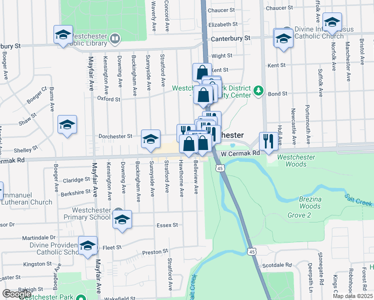 map of restaurants, bars, coffee shops, grocery stores, and more near 10447 West Cermak Road in Westchester