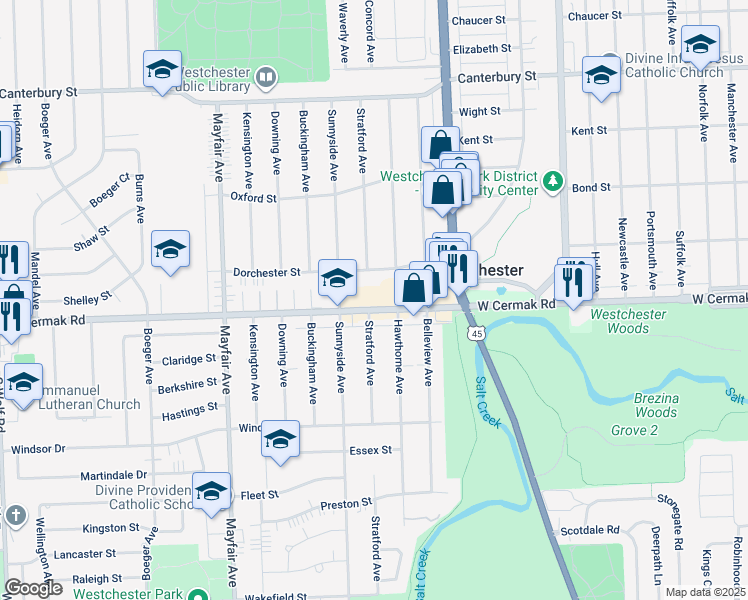 map of restaurants, bars, coffee shops, grocery stores, and more near 10525 West Cermak Road in Westchester