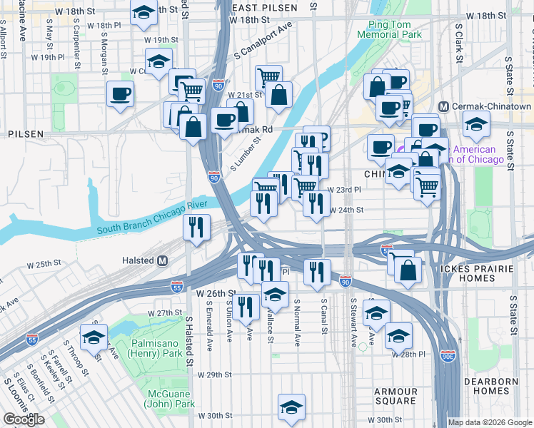 map of restaurants, bars, coffee shops, grocery stores, and more near 2425 South Wallace Street in Chicago