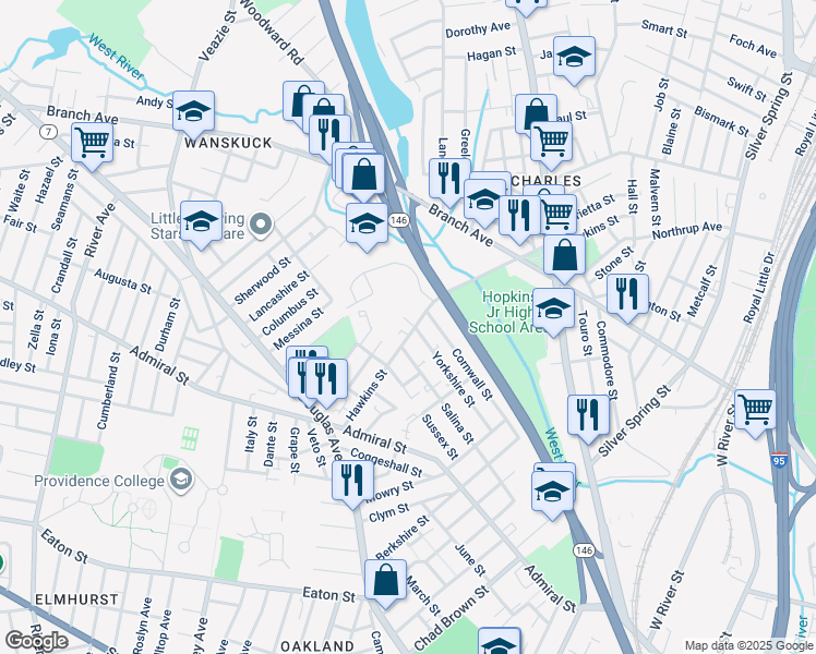 map of restaurants, bars, coffee shops, grocery stores, and more near 120 Yorkshire Street in Providence