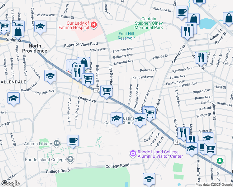 map of restaurants, bars, coffee shops, grocery stores, and more near 1342 Smith Street in North Providence