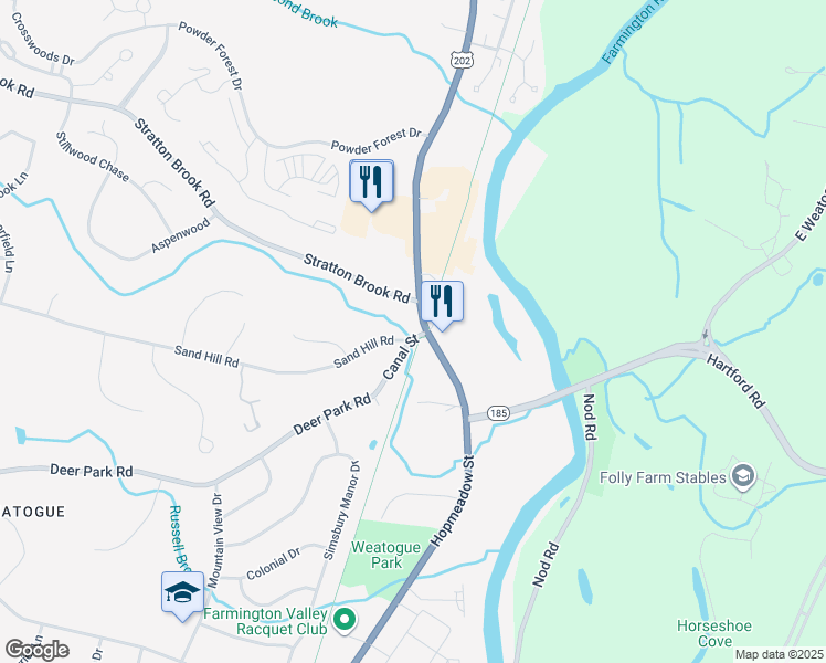 map of restaurants, bars, coffee shops, grocery stores, and more near in Simsbury