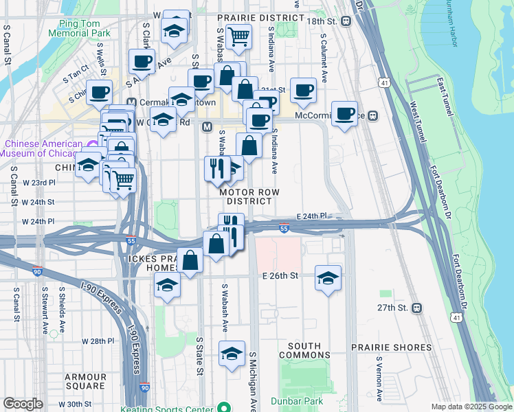 map of restaurants, bars, coffee shops, grocery stores, and more near 2422 South Michigan Avenue in Chicago