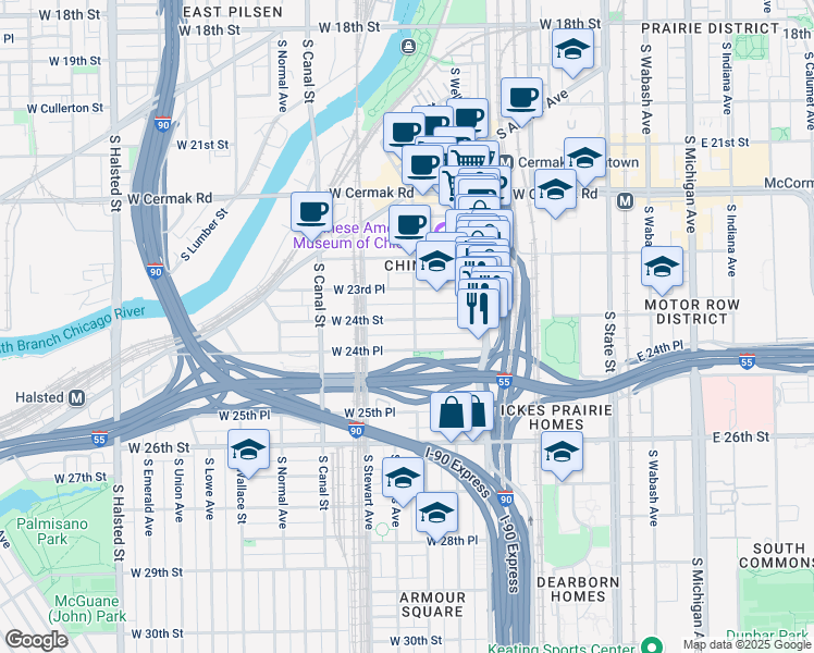 map of restaurants, bars, coffee shops, grocery stores, and more near 266 West 24th Place in Chicago
