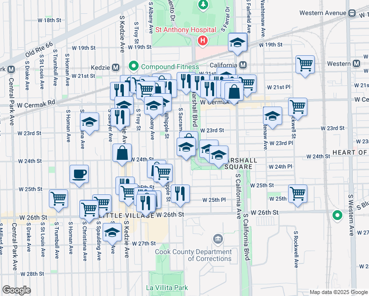 map of restaurants, bars, coffee shops, grocery stores, and more near 2354 South Sacramento Avenue in Chicago