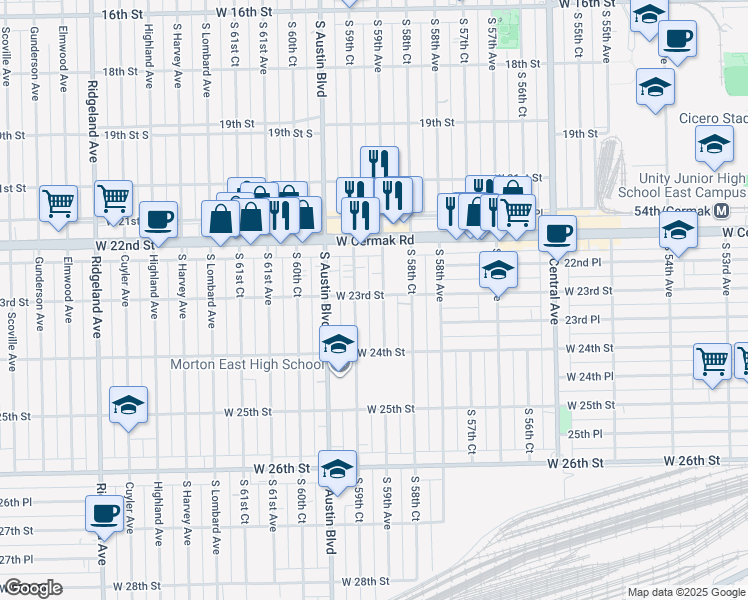 map of restaurants, bars, coffee shops, grocery stores, and more near 2313 South 59th Avenue in Cicero