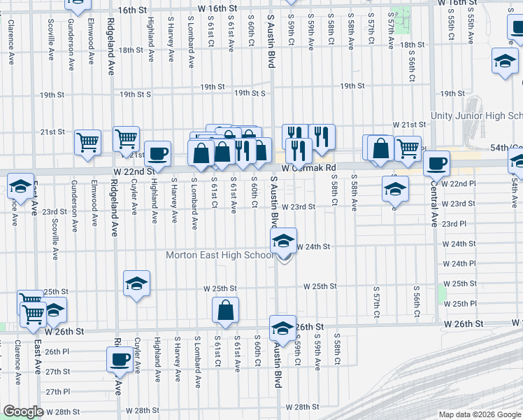 map of restaurants, bars, coffee shops, grocery stores, and more near 2310 South Austin Boulevard in Cicero