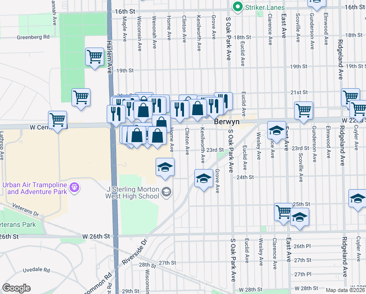 map of restaurants, bars, coffee shops, grocery stores, and more near 2303 Home Avenue in Berwyn