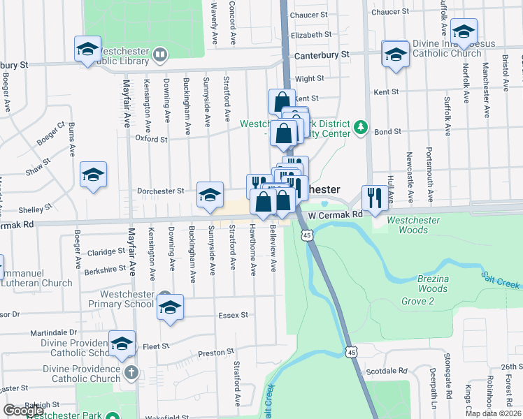 map of restaurants, bars, coffee shops, grocery stores, and more near 10447 West Cermak Road in Westchester