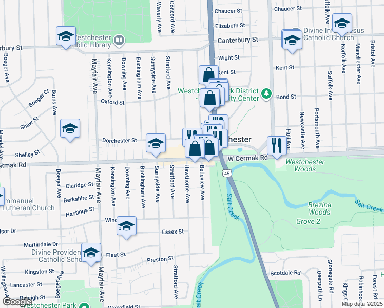 map of restaurants, bars, coffee shops, grocery stores, and more near 10447 West Cermak Road in Westchester